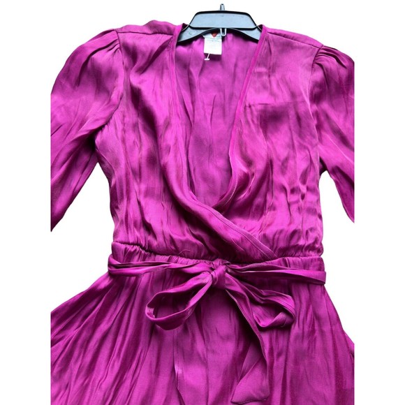 Metallic Fuchsia Tiered Satin Pleated Belted A Line V Neck Womens Medium Dress - Picture 5 of 16
